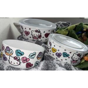 NWT HTF Sanrio Hello Kitty Set of 3 Ceramic Food Storage Bowls Valentines Day